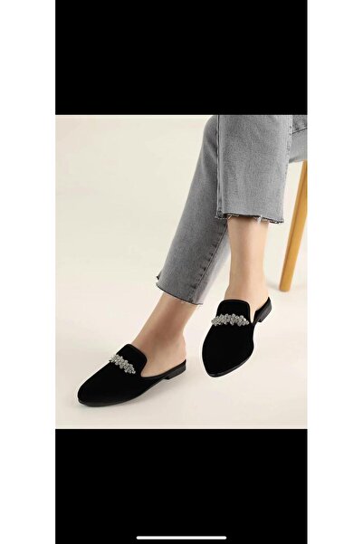 Nesil Siyah Süet İnci Detaylı Zarif Kadın Ev Terliği