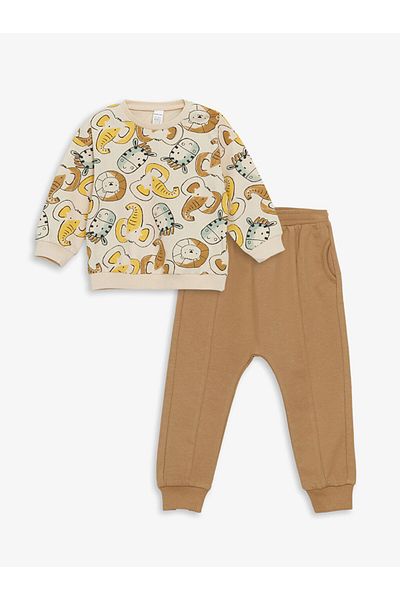 LC Waikiki Crew Neck Printed Sweatshirt and Sweatpants for Baby Boy - Set of 2