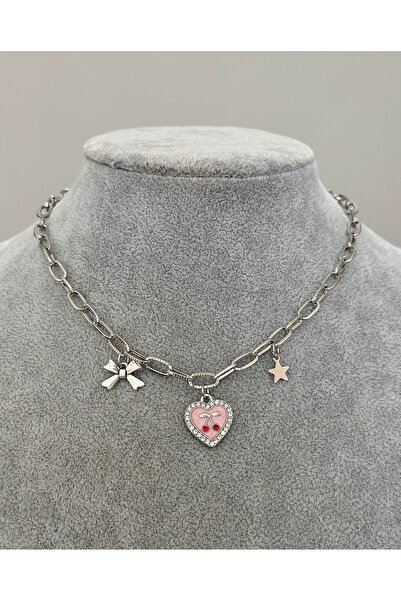 sleyshop Kalın Zincirli Coquette Taşlı Pembe Kalp Kiraz Kolye