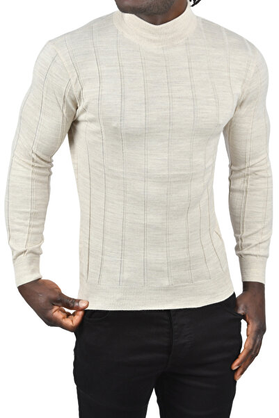 DeepSEA Ανδρικό πλεκτό με μισό λαιμό πουλόβερ με μισό λαιμό, μπεζ λεπτή εφαρμογή Lycra