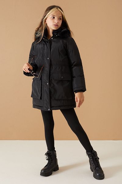 Cansın Mini Girl's Hooded Black Coat - Pockets, Flap 19060
