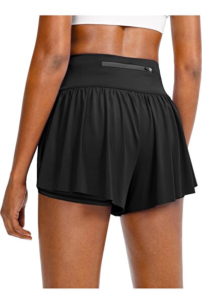 KaSheHa Siyah Darkalıp Çift Katmanlı Sırt Fermuarlı Etek Darkalıp Polyamid Kumaş Mini Shorts Skirt