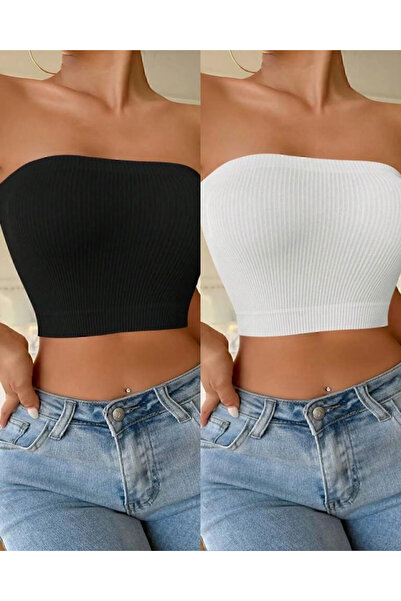 KaSheHa 2'li Paket Beyaz Mavi Tam Esnek Mevsimlik Kumaş Straplez Büstiyer 25 Cm