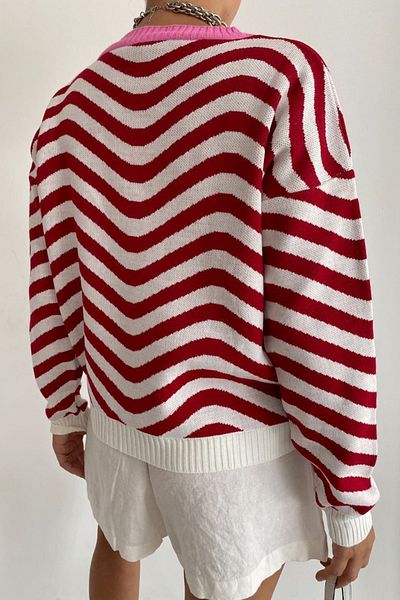 bayansepeti Red Striped Design Color Collar Knitwear Sweater 0113