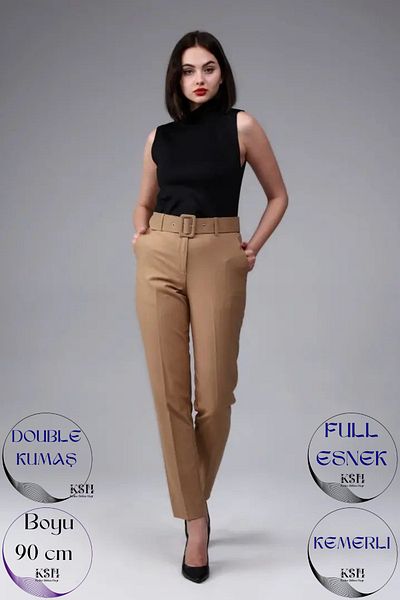 KaSheHa Tan Belted Double Atlas Fabric Carrot Model Trousers 90 cm
