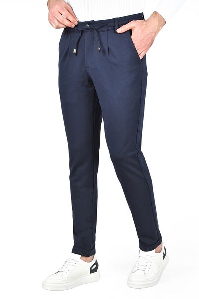 DeepSEA Men's Navy Blue Elastic Waist Slim Fit Lycra Double Leg Combed Cotton Sports Trousers 2502385