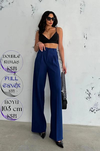 KaSheHa Navy Blue Single Pleated Spring Double Fabric Palazzo Pants 103 cm
