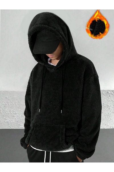Actiwear Men's Kangaroo Pocket Hooded Lace-Up Plush Sweatshirt