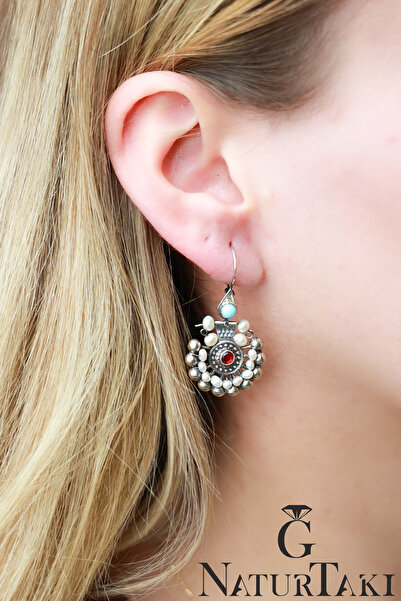 Naturtakı Gümüş Sivrihisar Kadın Küpesi - İncili-Otantik-El işi-Tasarım-Ustal...