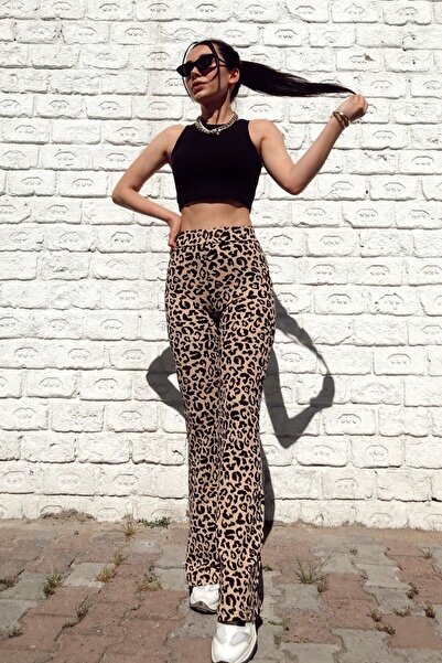 KaSheHa Dalmaçya Desen Likralı Yüksek Bel Ispanyol Paça Pantolon 100 Cm