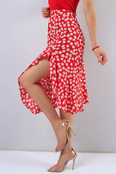 KaSheHa Kırmızı Fırfırlı Bürümcük Kumaş Çiçekli Yazlık Etek 80 Cm