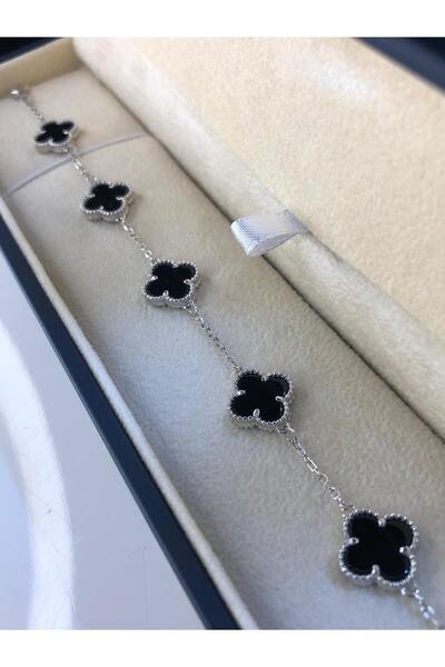 vogutima Erkek Kadın Gümüş Bileklik - 4 Yapraklı Yonca 5'li Siyah Oniks Taşlı • Işıklı Kutuda • Sevgiliye