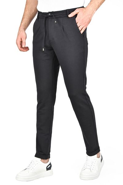 DeepSEA Men's Dark Navy Blue Elastic Waist Slim Fit Lycra Double Leg Combed Cotton Sports Pants 2502385