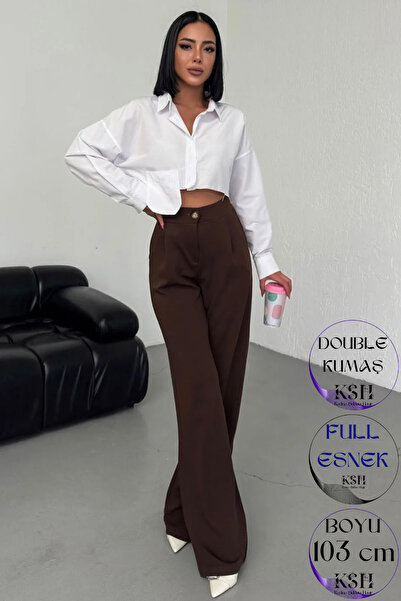 TÜCCAR UMUT Kahverengi Yeni Sezon Pileli Double Kumaş Palazzo Pantolon 103 Cm