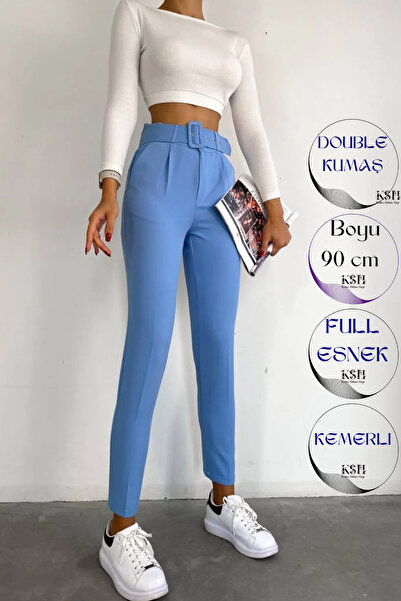 KaSheHa Mavi Kemerli Double Atlas Kumaş Havuç Model Pantolon 90 Cm