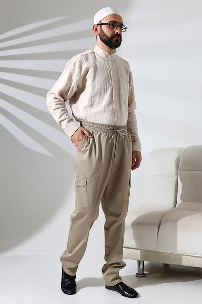 ihvanonline Men's Beige Cargo Pants - Side Pocket and Elastic Waist