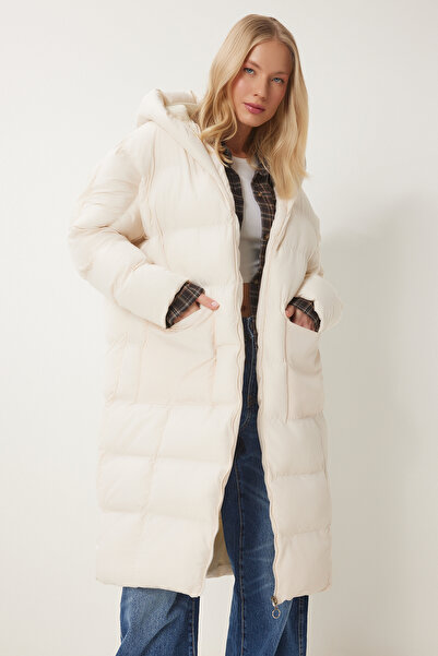 Lovelyİstanbul Long Oversize Inflatable Hooded Coat - Bone Lnt0001