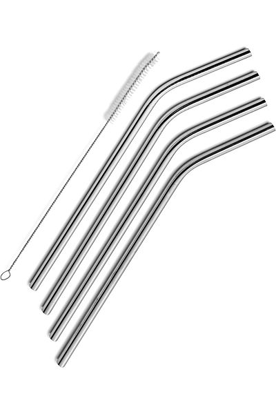 Kyrotech Set of 4 Metal Straws Stainless Reusable Curved Straws with Cleaning Brush