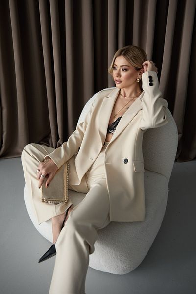HOEK Women's Cream Blazer Jacket Palazzo Pants Suit