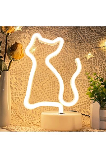 Ema Dükkan Kedi Neon Led Işıklı Usb'li Gece Lambası Pilli Neon Led Işıklı Mas...