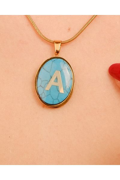 Lekka Design VIP Series Steel Women's Letter A Turquoise Stone Medallion Letter Necklace