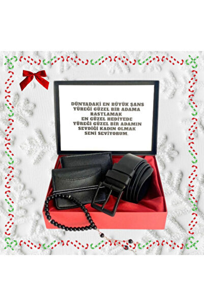 Karalı Deri Sevgililer Günü Erkek Hediye Set Siyah Cüzdan Kemer Kartlık Tesbih