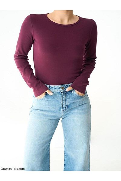 Qu Style Rib Long Sleeve Blouse
