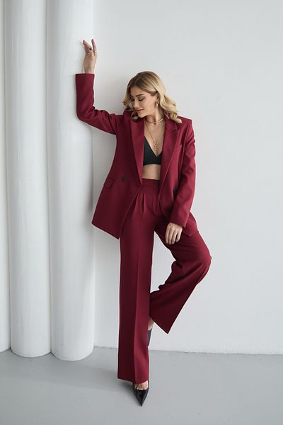 HOEK Women's Burgundy Blazer Jacket Palazzo Pants Suit