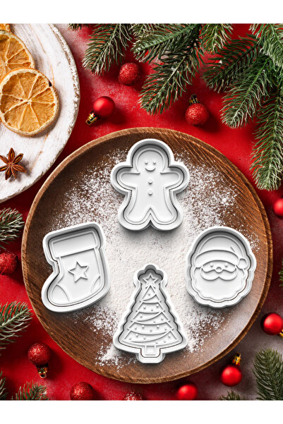 Sevimli Hediye Noel baba,Gingerbread,Kurabiye Adam,Yılbaşı Ağacı 4'lü Kurabiye Kalıbı Hamur Şekillendirici Seti
