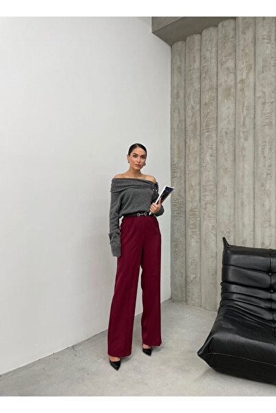 TİSHOOSTORE Kemerli Yüksek Bel Bordo Kumaş Palazzo Pantolon