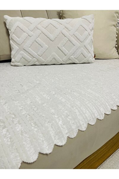 mihra home Bambu Çizgili Süngerli Kadife Kaymaz Koltuk 170×210 Krem)