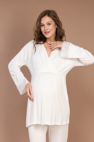 Rimel Homewear Dantel Detaylı Kruvaze Sabahlıklı Lohusa Pijama Takımı