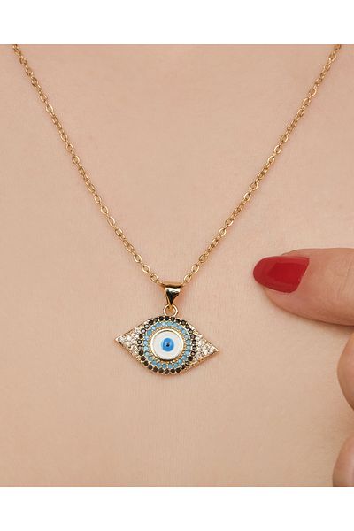 Lekka Design Women's Non-Tarnish Steel Jewelry Blue Zircon Stone Eye Necklace
