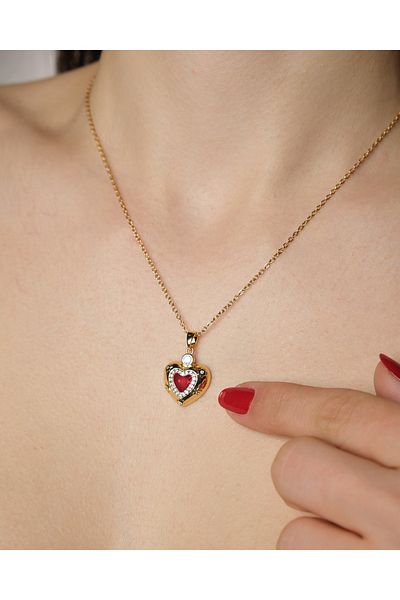 Lekka Design Women's Non-Tarnish Steel Jewelry Red Zircon Stone Heart Love Necklace
