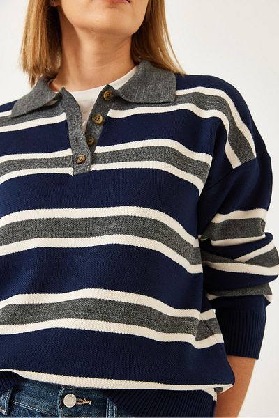Bianco Lucci Women's Three Color Placket Polo Neck Knitwear Sweater 241234 60261229