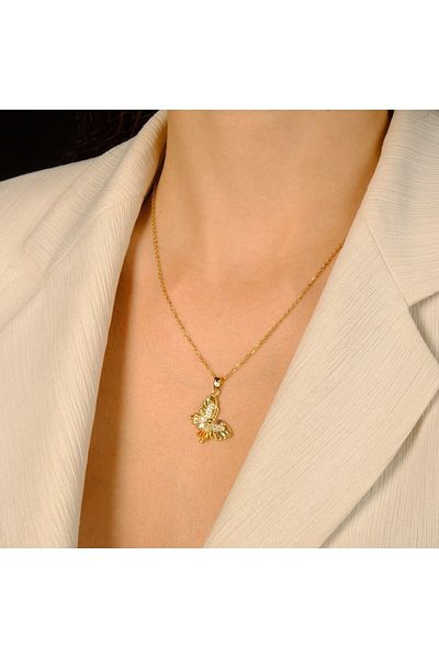 Lekka Design Women's Non-Tarnish Steel Pastel Zircon Stone Butterfly Necklace