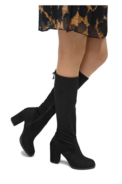 Kocamanlar Ayakkabı Feles Orta Topuklu Diz Altı Çorap Kadın Çizme SİYAH