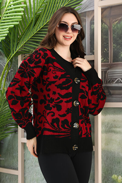 Kayaka triko Oversize Soft Flower Pattern Knitted Detail Buttoned Strickery C...