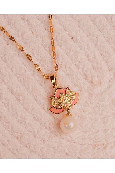 Lekka Design Women's Non-Tarnish Steel Jewelry Pink Enamel Pearl Necklace