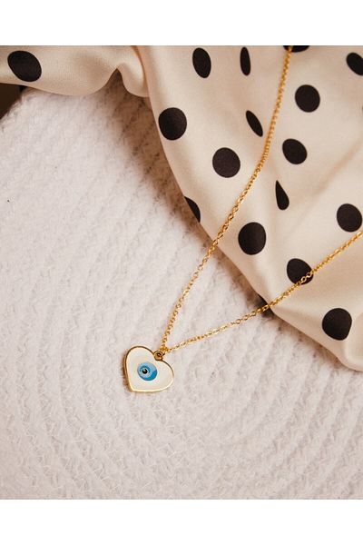 Lekka Design Women's Non-Tarnish Steel Evil Eye Beaded Heart Necklace