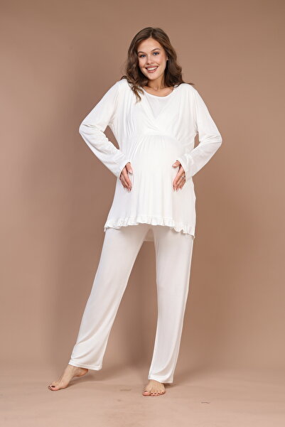Rimel Homewear Pregnant Maternity Pajamas Set with Flywheel Sleeves and Double Breasted Women's Dressing Gowns