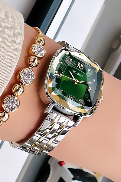 Homies Special Boxed Cutout Glass Women Wristwatch 3 Atm Waterproof Two Colors Steel Band+Bracelet Hmb3002C5