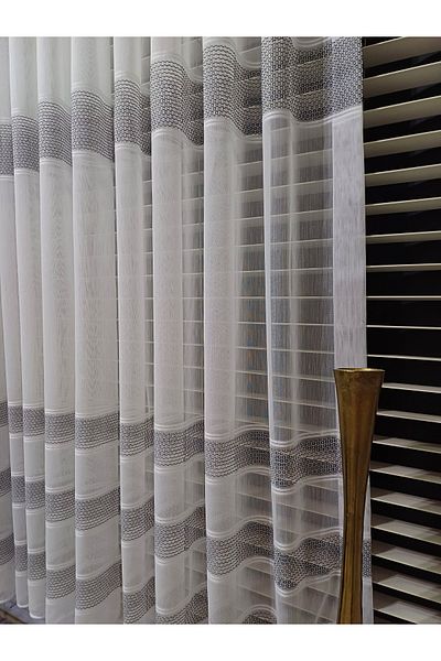 venedik home Bamboo Floor 4 Rows Grey Dobby Ecru Color Tulle Curtain 1X3 Close Pleat No Crease No Ironing Tulle Curtain