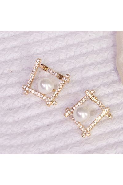 Lekka Design Women's Non-Tarnish Steel Luxury Zircon Stone Quadrilateral Pearl Earrings