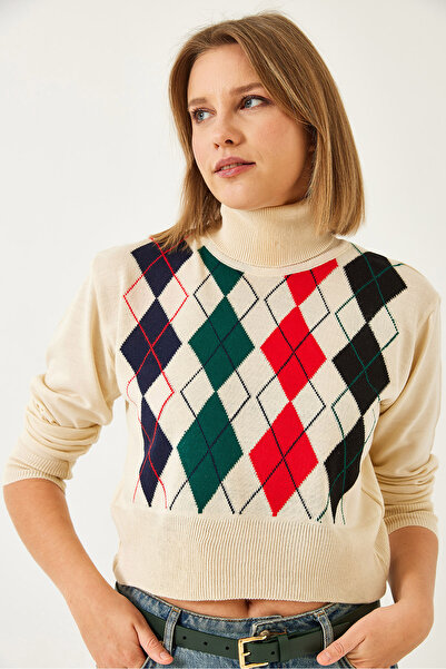 Bianco Lucci Women's Turtleneck Patterned Crop Knitwear Sweater 60351303