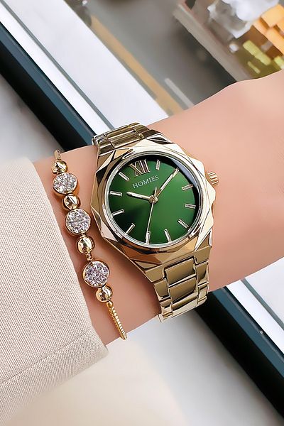 Homies 3 Atm Waterproof Gold Color Women's Wristwatch - Cutout Case, Steel Band + Bracelet Hmb3003C3