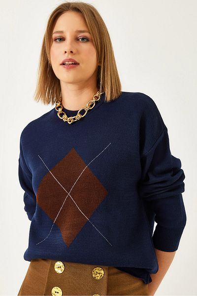 Bianco Lucci Women's Large Diamond Patterned Knitwear Sweater 241221 60261227