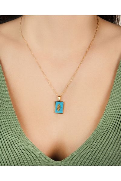 Lekka Design Women's Non-Tarnish Steel Jewelry Turquoise Jewelled Leaf Rectangular Plate Necklace