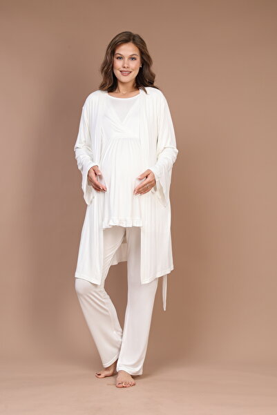 Rimel Homewear Pregnant Maternity Pajamas Set with Flywheel Sleeves and Double Breasted Women's Dressing Gowns