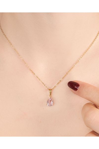 Lekka Design Women's Anti-Tarnish Steel Jewelry Pink Drop Zircon Stone Stylish Necklace